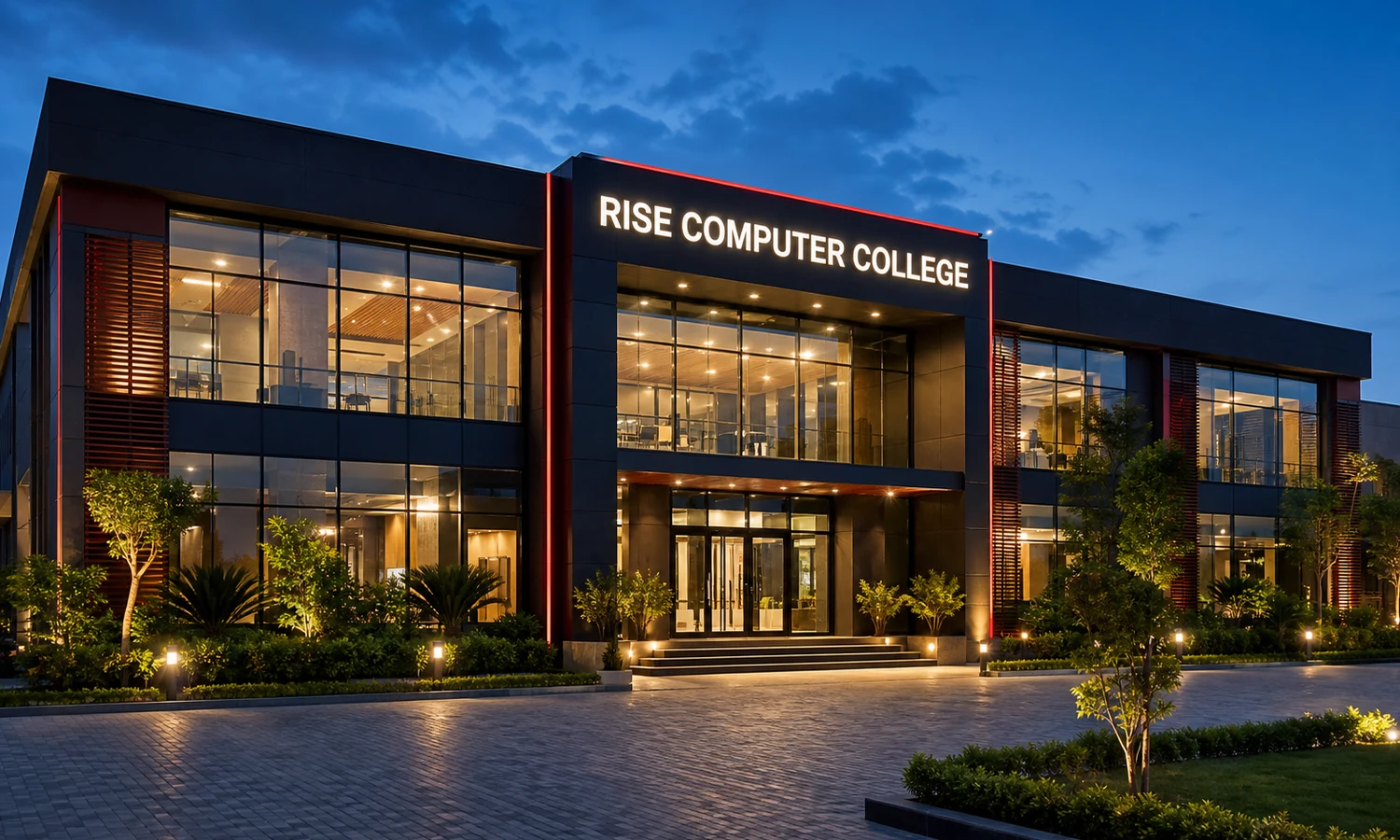 Modern Rise Computer College building illuminated at evening