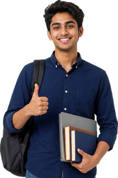RCC student holding books and giving a thumbs-up