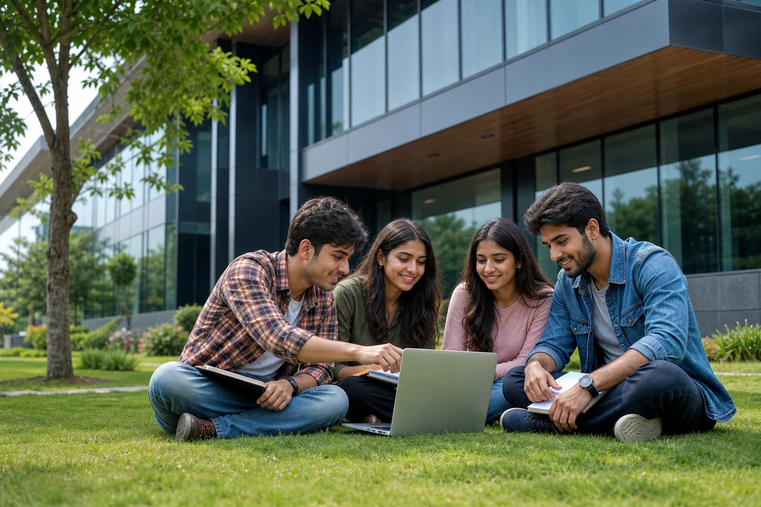 Four RCC students collaborating with a laptop on the campus lawn
