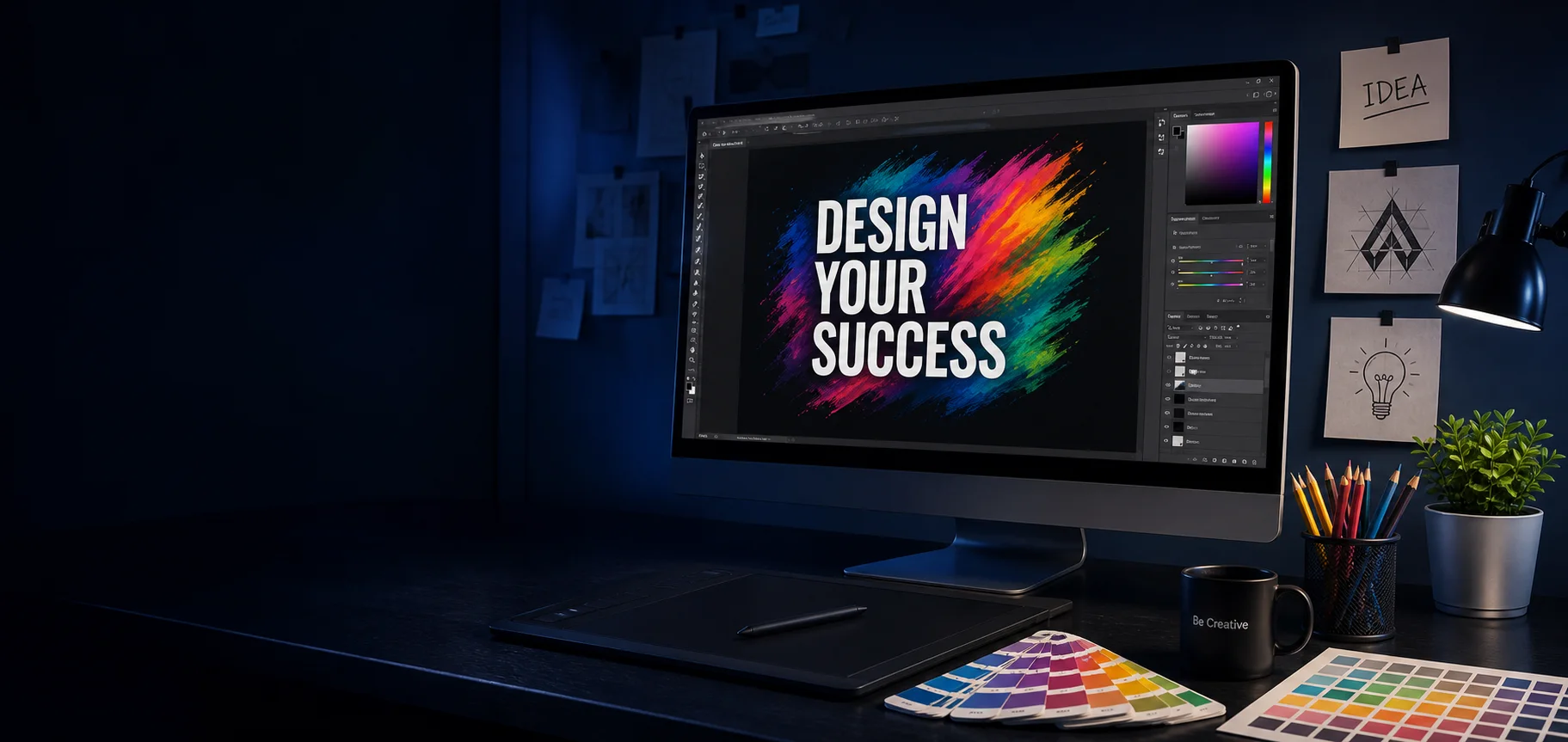 A professional graphic design workstation showing Design Your Success artwork on a large monitor