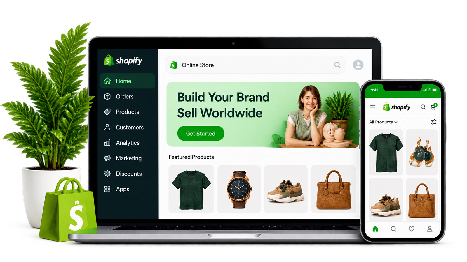 Shopify store dashboard on laptop and mobile