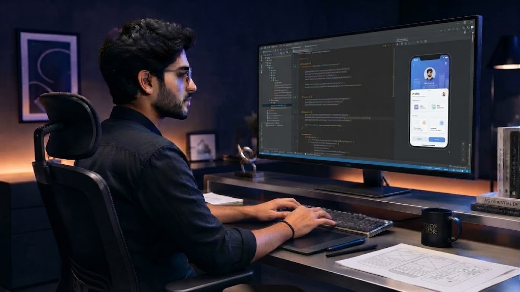 Mobile app developer working at a professional workstation