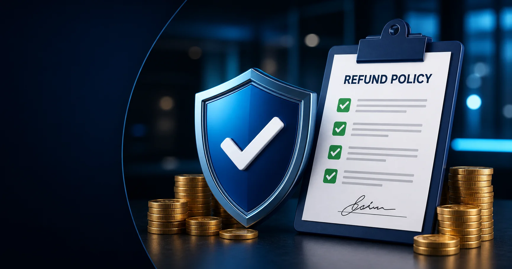 A refund policy clipboard beside a blue shield with a checkmark and stacks of gold coins