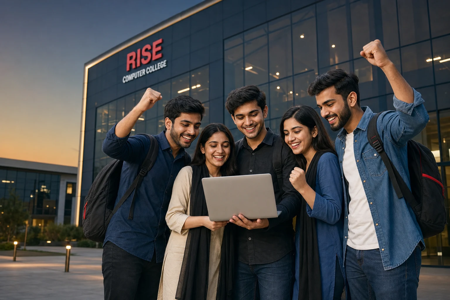 Five successful RCC students celebrating around a laptop outside the college