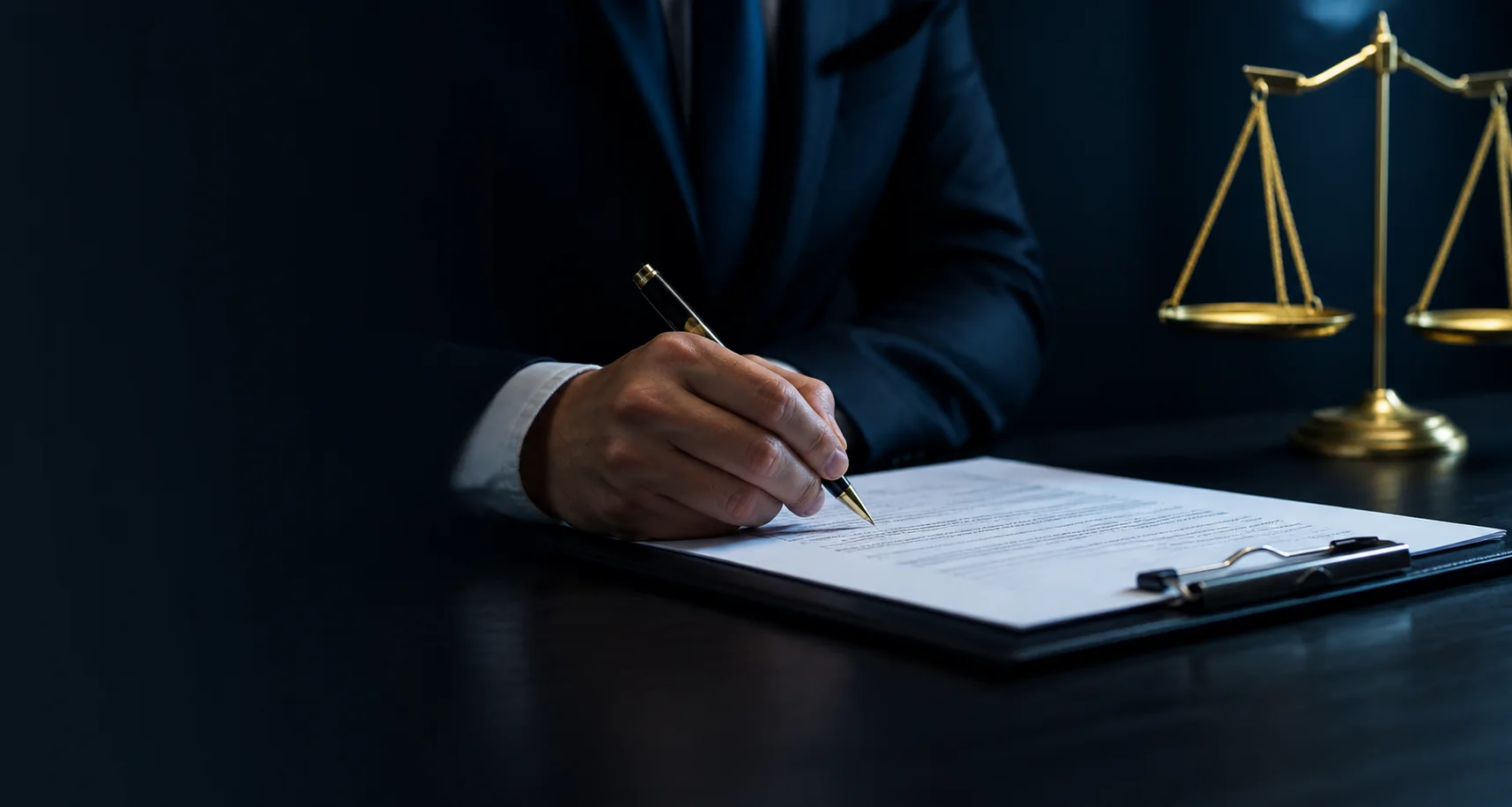 A professional reviewing a legal document with a pen beside a gold balance scale