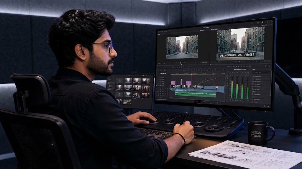 Professional video editor working at a dark workstation