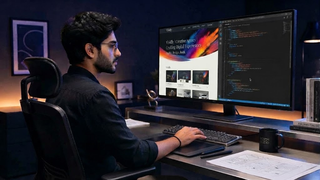 Web designer working at a professional workstation