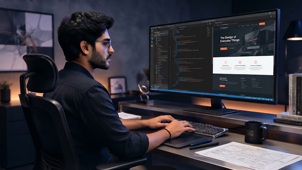 Web developer working at a professional workstation