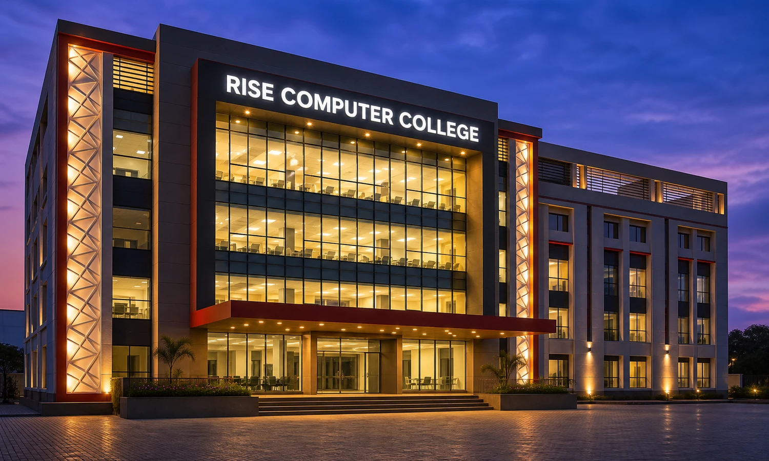 Modern Rise Computer College building illuminated at evening