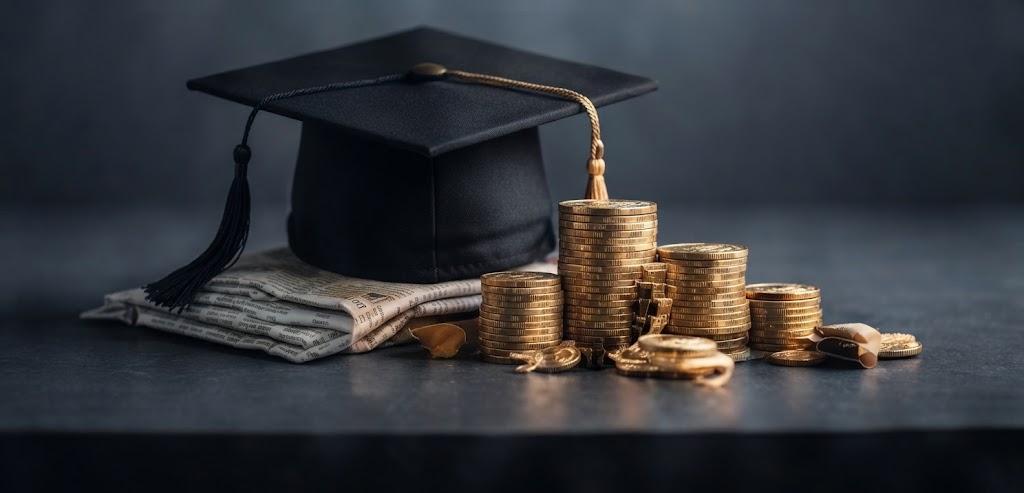 Graduation cap and stacked coins representing affordable education