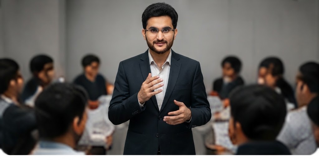 Professional trainer teaching a classroom of students
