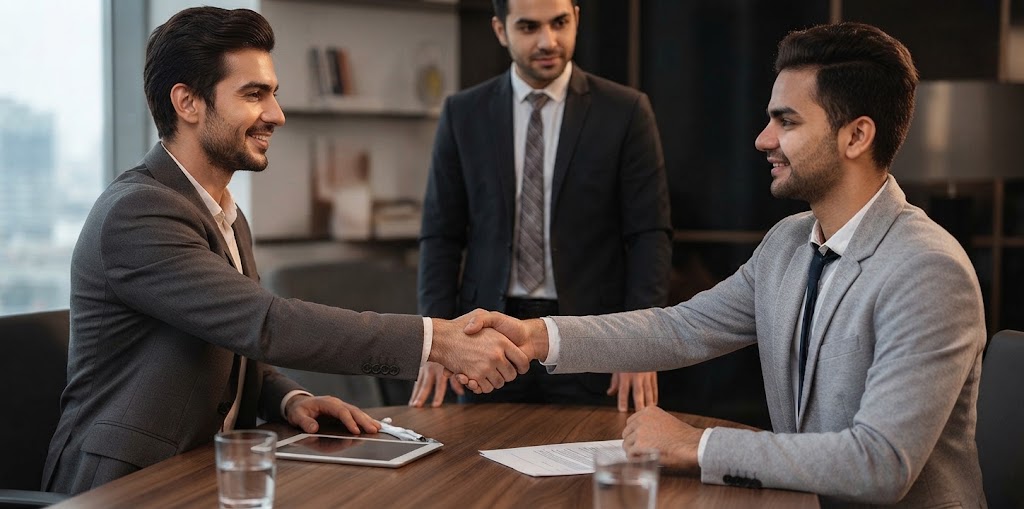 Professional job interview concluding with a handshake