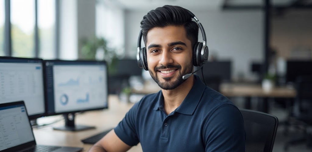 Friendly student support adviser wearing a headset