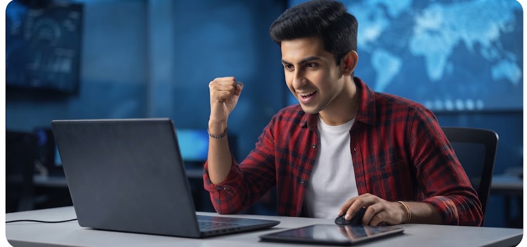 Successful student celebrating while using a laptop