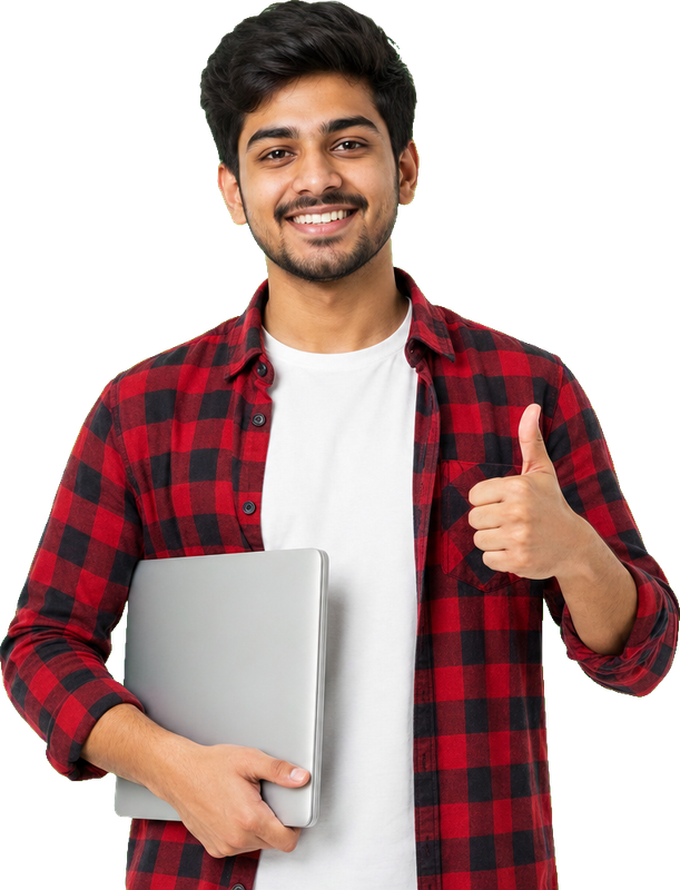 Smiling RCC student holding a laptop and giving a thumbs-up
